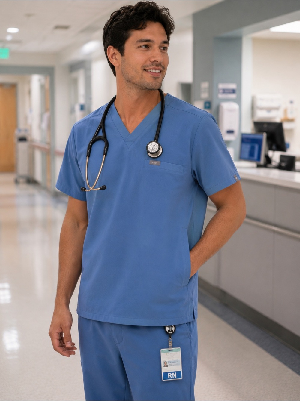 FIGS Men's V‑Neck Scrub Top in Dusty Blue-Medium